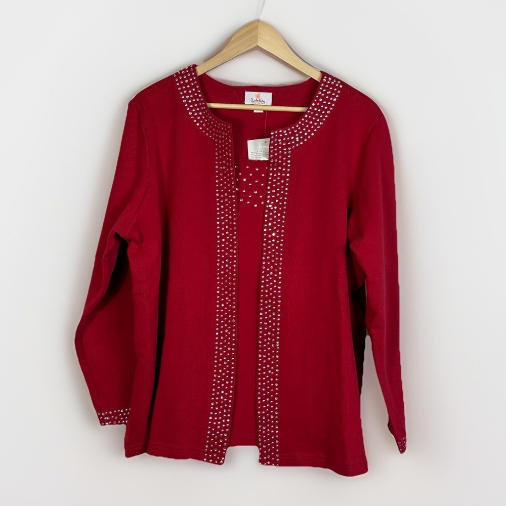 NWT Quacker Factory Red Embellished‎ Cardigan Sweater Open Front Women's 1X